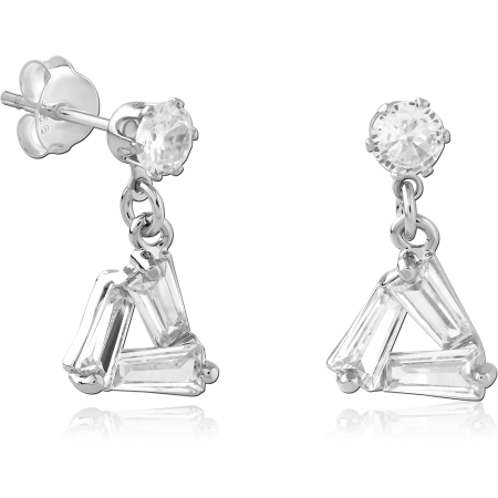 STERLING SILVER STUD EARRINGS ROUND GEM WITH TRIANGULAR BAGUETTE GEM CHARM