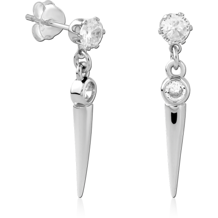 STERLING SILVER STUD EARRINGS DOUBLE GEM WITH POLISHED SPIKE CHARM