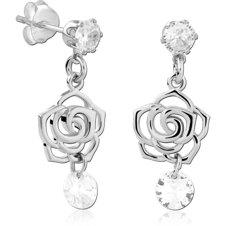 STERLING SILVER STUD EARRINGS ROUND GEM WITH ROSE OUTLINE AND ROUND GEM CHARM