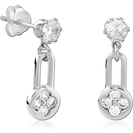 STERLING SILVER 925 DANGLE STUD EARRINGS CLEAR GEM WITH CRYSTAL CLUSTER DISC
