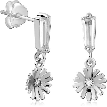 STERLING SILVER STUD EARRINGS BAGUETTE GEM WITH DAISY FLOWER CHARM