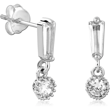 STERLING SILVER STUD EARRINGS BAGUETTE GEM WITH ROUND GEM CHARM