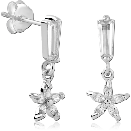 STERLING SILVER STUD EARRINGS BAGUETTE GEM WITH FIVE PETAL FLOWER CHARM