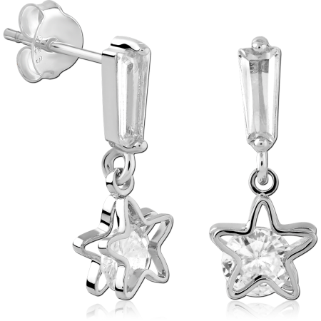 STERLING SILVER STUD EARRINGS BAGUETTE GEM WITH STAR OUTLINE AND GEM