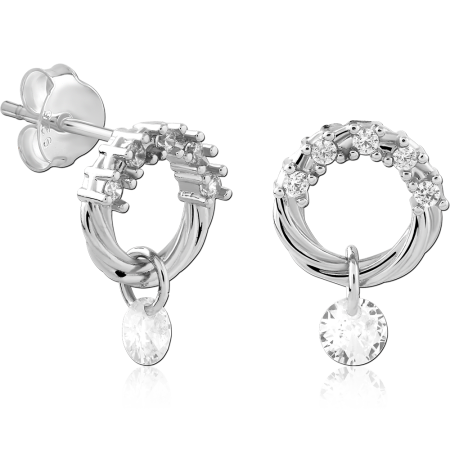STERLING SILVER STUD EARRINGS TWISTED CIRCLE WITH ROUND GEM CHARM