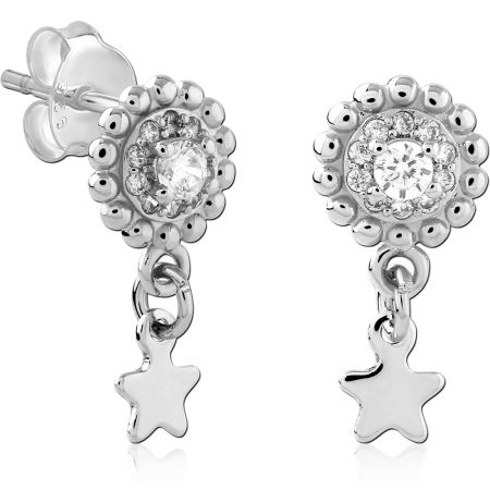STERLING SILVER STUD EARRINGS BEADED FLOWER GEM WITH STAR CHARM