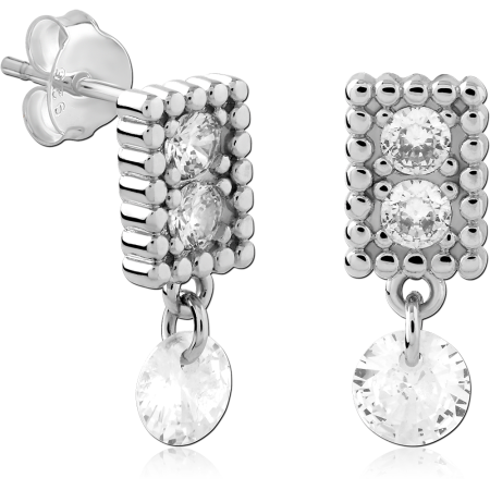 STERLING SILVER STUD EARRINGS RECTANGULAR BEADED FRAME DOUBLE GEM WITH ROUND GEM CHARM