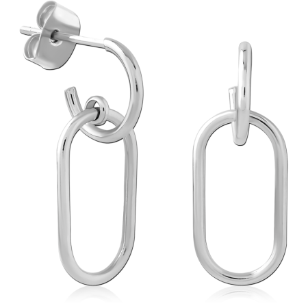 STERLING SILVER 925 STUD EARRINGS DOUBLE HOOP WITH ELONGATED OVAL LINK DROP