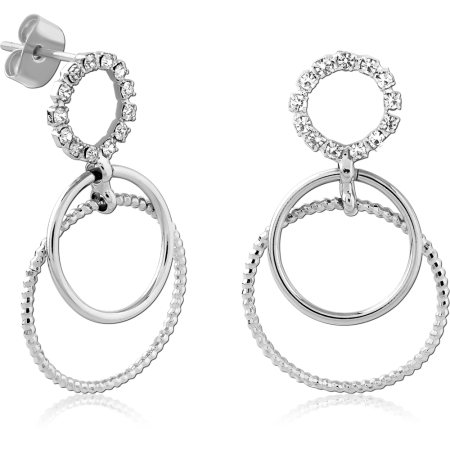 STERLING SILVER 925 STUD EARRINGS PAVE CIRCLE WITH SMOOTH AND BEADED HOOP DANGLE