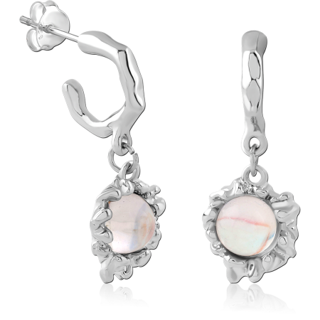 STERLING SILVER 925 STUD EARRINGS TEXTURED HOOP WITH ROUND CABOCHON DROP