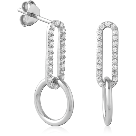 STERLING SILVER 925 STUD EARRINGS PAVE OVAL LINK WITH HOOP DROP