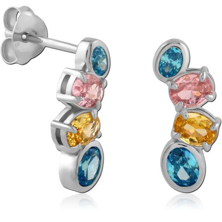 STERLING SILVER 925 STUD EARRINGS MULTI-COLOR OVAL AND ROUND GEM CLUSTER PAIR