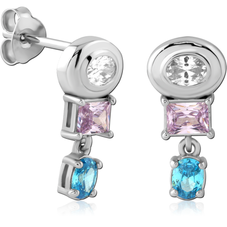 STERLING SILVER 925 STUD EARRINGS CLEAR PINK AND BLUE GEM DROP