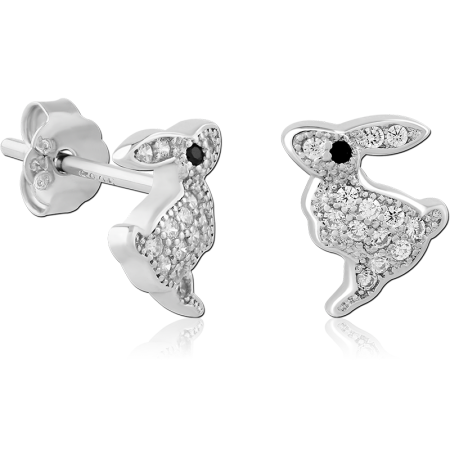 RHODIUM PLATED STERLING SILVER 925 STUD EARRINGS PAVE BUNNY BLACK GEM EYE