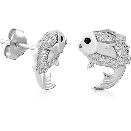 STERLING SILVER 925 STUD EARRINGS FISH WITH PAVE BODY AND BLACK EYE