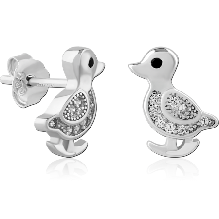 STERLING SILVER 925 STUD EARRINGS DUCK WITH PAVE BELLY AND BLACK EYE