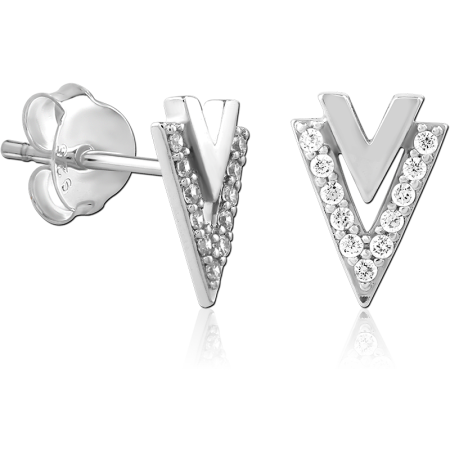 STERLING SILVER 925 STUD EARRINGS DOUBLE CHEVRON V PAVE AND PLAIN