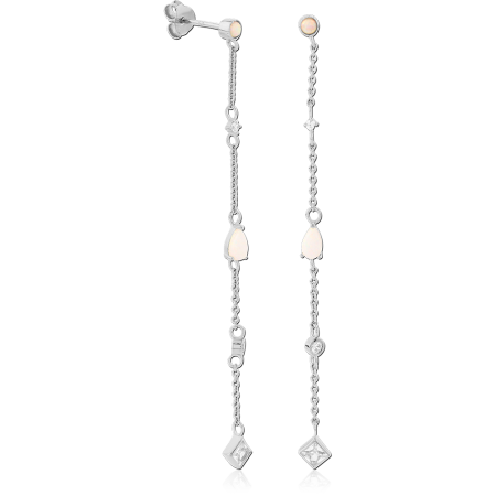 RHODIUM PLATED STERLING SILVER 925 STUD EARRINGS CHAIN DROP OPAL AND CLEAR GEMS