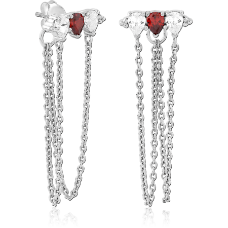 RHODIUM PLATED STERLING SILVER 925 STUD EARRINGS CHAIN DROPS RED HEART AND CLEAR GEMS