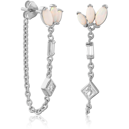 RHODIUM PLATED STERLING SILVER 925 STUD EARRINGS CHAIN DROP MARQUISE OPAL CLUSTER