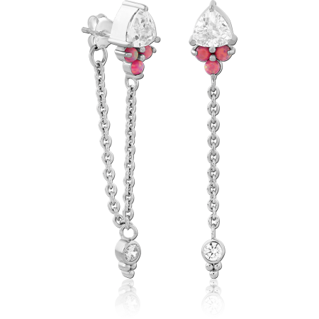 RHODIUM PLATED STERLING SILVER 925 STUD EARRINGS CHAIN DROP PEAR GEM AND RED OPAL