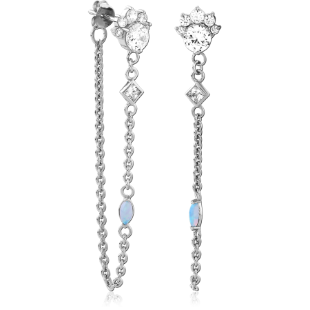 RHODIUM PLATED STERLING SILVER 925 STUD EARRINGS CHAIN DROP FLORAL CLEAR GEMS AND OPAL