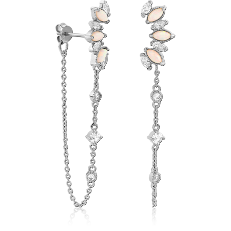 RHODIUM PLATED STERLING SILVER 925 STUD EARRINGS CHAIN DROP CURVED MARQUISE OPALS