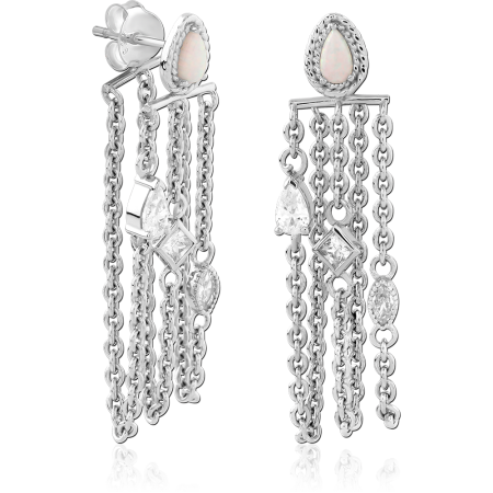 RHODIUM PLATED STERLING SILVER 925 STUD EARRINGS OPAL TEARDROP MULTI-CHAIN DANGLE CHARMS