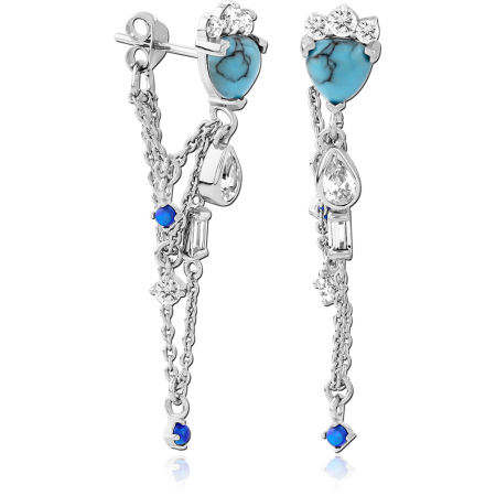 RHODIUM PLATED STERLING SILVER 925 STUD EARRINGS HEART TOP MULTI-CHAIN WITH BLUE GEMS