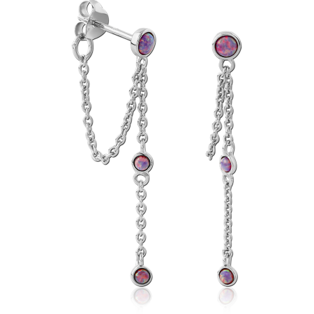 RHODIUM PLATED STERLING SILVER 925 STUD EARRINGS BEZEL OPAL DOUBLE CHAIN DROPS