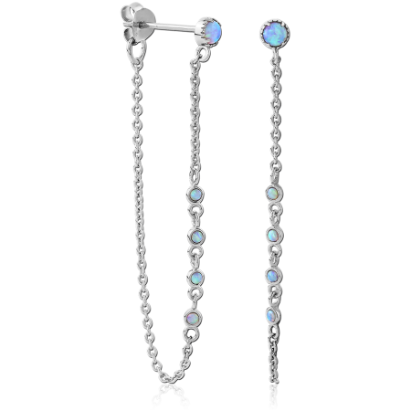 RHODIUM PLATED STERLING SILVER 925 STUD EARRINGS MULTI OPAL STATION LONG CHAIN DROP
