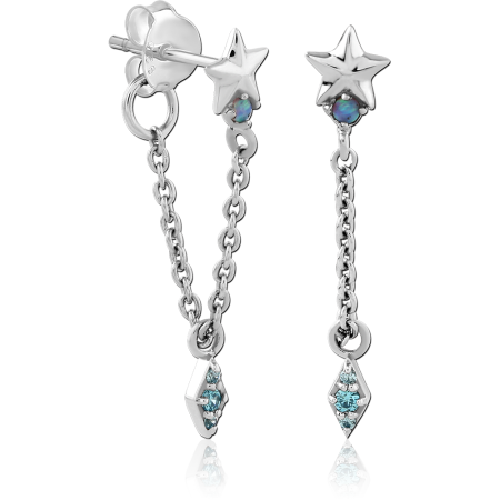 RHODIUM PLATED STERLING SILVER 925 STUD EARRINGS STAR TOP WITH BLUE DIAMOND-SHAPED CHARM