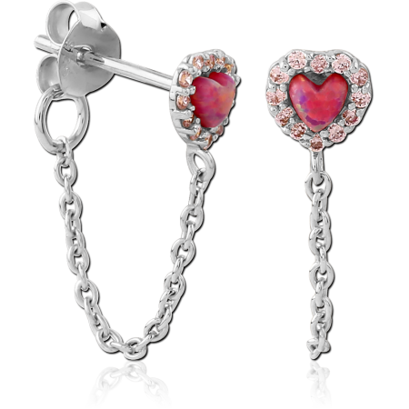 RHODIUM PLATED STERLING SILVER 925 STUD EARRINGS OPAL HEART HALO CHAIN DROP