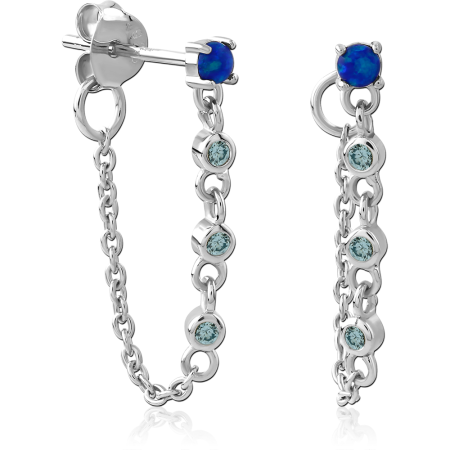 RHODIUM PLATED STERLING SILVER 925 STUD EARRINGS BLUE OPAL TOP WITH GEM CHAIN