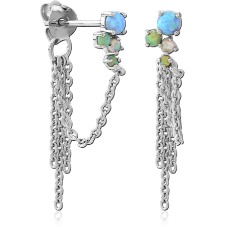RHODIUM PLATED STERLING SILVER 925 STUD EARRINGS OPAL CLUSTER WITH CHAIN TASSELS
