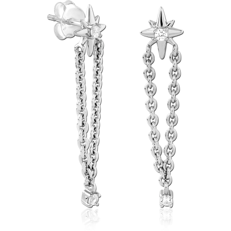 RHODIUM PLATED STERLING SILVER 925 STUD EARRINGS STARBURST GEM DOUBLE CHAIN DROP
