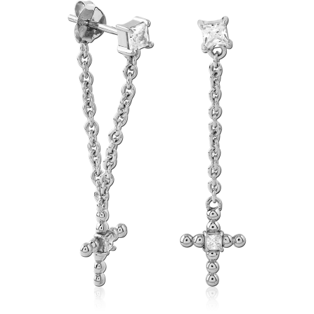 RHODIUM PLATED STERLING SILVER 925 STUD EARRINGS SQUARE GEM CHAIN WITH CROSS CHARM