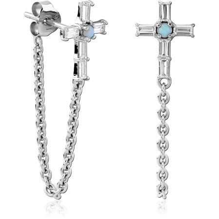 RHODIUM PLATED STERLING SILVER 925 STUD EARRINGS CROSS WITH OPAL CENTER CHAIN