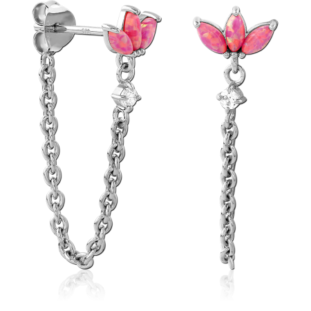 RHODIUM PLATED STERLING SILVER 925 STUD EARRINGS PINK OPAL FLOWER CHAIN DROP