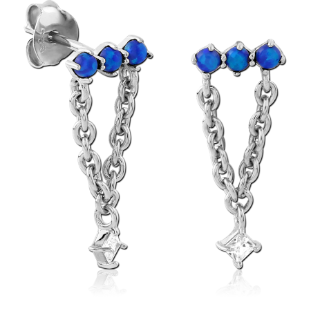 RHODIUM PLATED STERLING SILVER 925 STUD EARRINGS BLUE OPAL TRIO CHAIN DROP