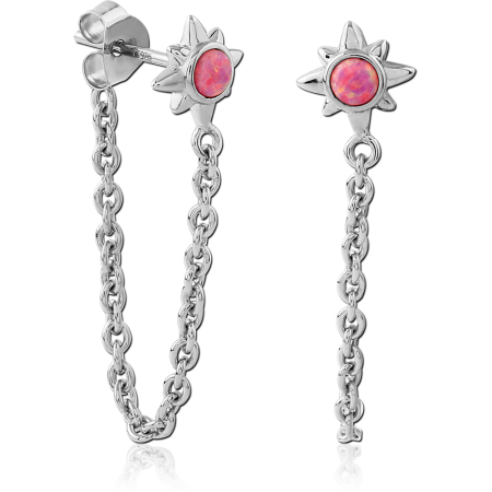 RHODIUM PLATED STERLING SILVER 925 STUD EARRINGS STARBURST PINK OPAL CHAIN DROP