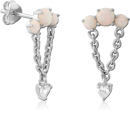 RHODIUM PLATED STERLING SILVER 925 STUD EARRINGS WHITE OPAL TRIO WITH HEART CHARM