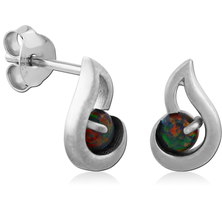 RHODIUM PLATED STERLING SILVER 925 STUD EARRINGS TEARDROP FRAME WITH OPAL
