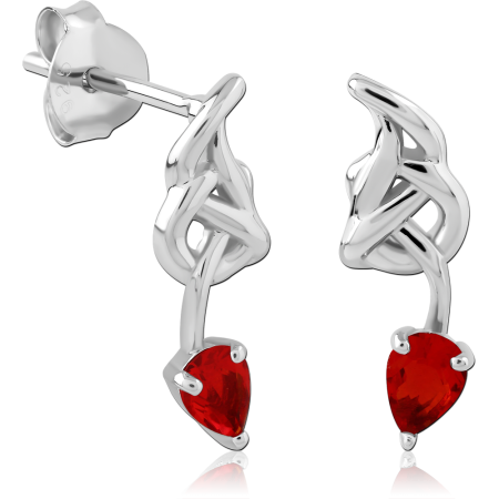 RHODIUM PLATED STERLING SILVER 925 STUD EARRINGS VINE SWIRL WITH RED PEAR GEM DROPS