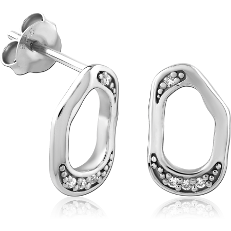 RHODIUM PLATED STERLING SILVER 925 STUD EARRINGS OPEN ORGANIC OVAL WITH CLEAR GEMS