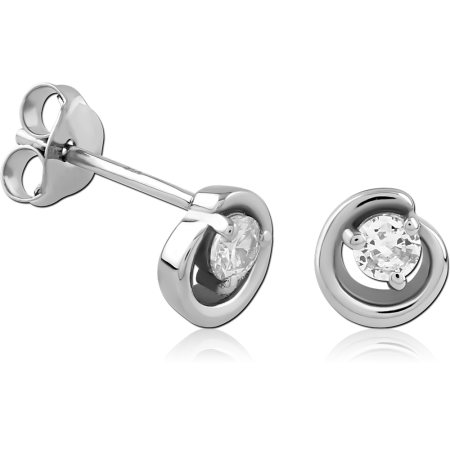 RHODIUM PLATED STERLING SILVER 925 STUD EARRINGS OPEN CIRCLE WITH CLEAR ROUND GEM
