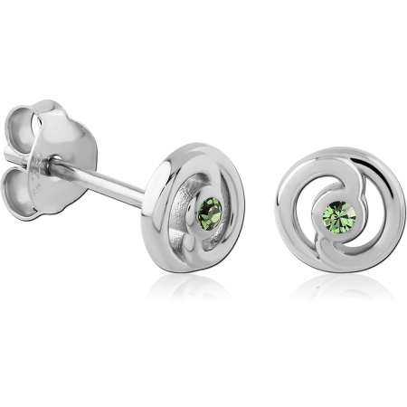 RHODIUM PLATED STERLING SILVER 925 STUD EARRINGS SWIRL CIRCLE WITH GREEN ROUND GEM