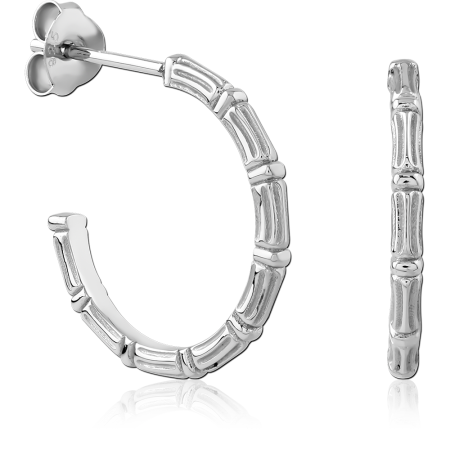 RHODIUM PLATED STERLING SILVER 925 HALF HOOP EARRINGS BAMBOO SEGMENT PATTERN