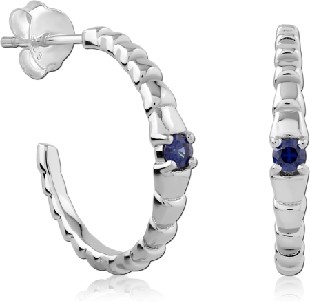 RHODIUM PLATED STERLING SILVER 925 HALF HOOP EARRINGS BEADED DESIGN WITH BLUE GEM