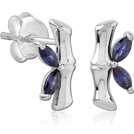 RHODIUM PLATED STERLING SILVER 925 STUD EARRINGS BAR WITH DOUBLE MARQUISE BLUE GEMS